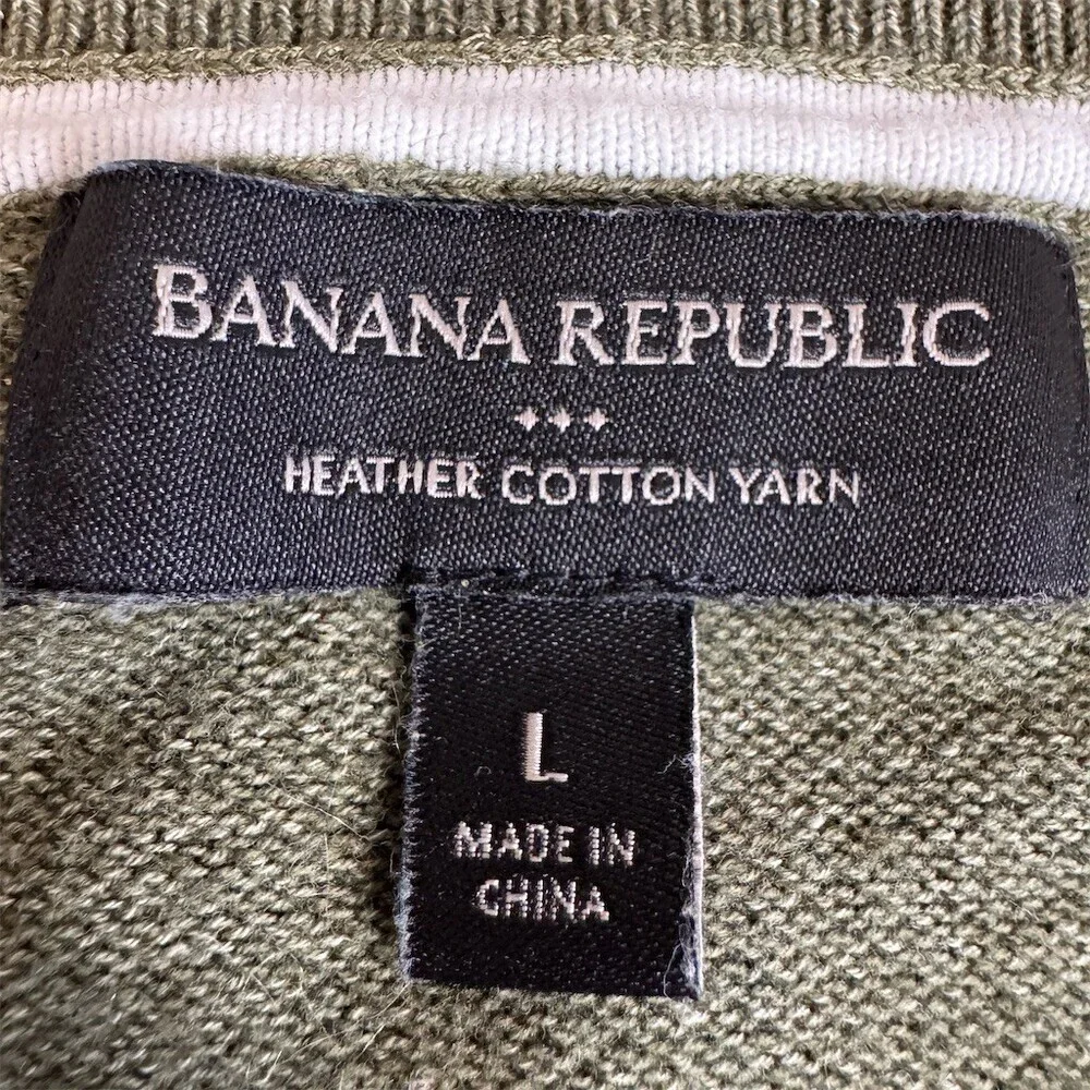 Banana Republic Cotton Sweater Mens Size L Olive Green Gray Striped Crewneck